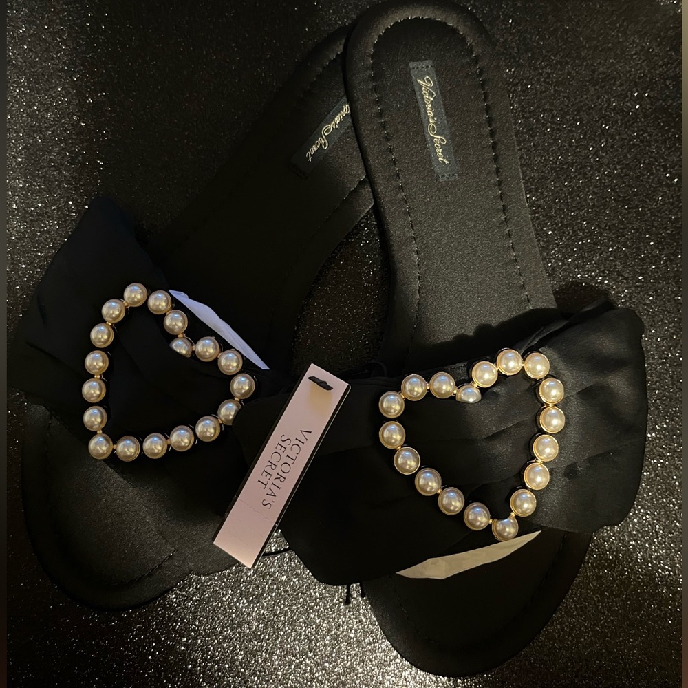 Victoria's Secret Black Slippers with Pearl Heart Accents